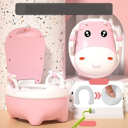 Olita pentru Copii, Flippy, +1an, Portabila, Design Vacuta cu Capac, Model Prietenos, Non-Toxic, cu Manere, Compartiment Detasabil, Perie Inclusa, Usor de Curatat, Roz