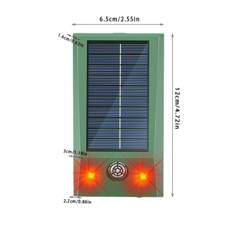 Repelent Solar cu Ultrasunete, LED Alb/Roșu, Anti Rozătoare și Insecte, 9–36.5 kHz, IP66, Verde, 12x6.5 cm