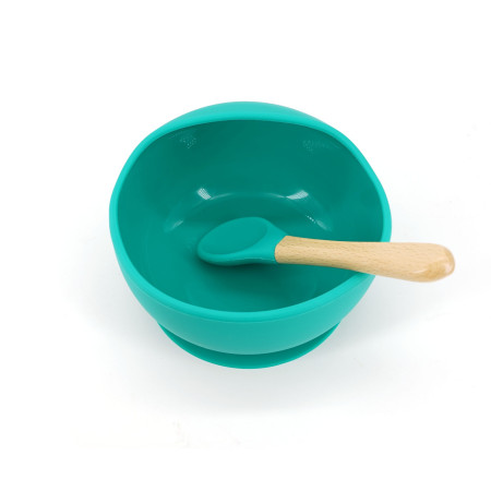 Bol silicon cu ventuza si lingurita lemn-silicon pentru bebelusi, set 2 piese, fara BPA, diversificare, verde