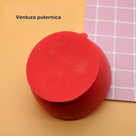 Accesorii diversificare copii 2 piese, bol silicon cu ventuza si lingurita lemn-silicon, fara alergeni, rosu