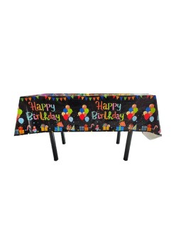 Fata de Masa, Flippy, din Folie, Imprimeu Happy Birthday cu Baloane, 137 x 183 cm, Negru