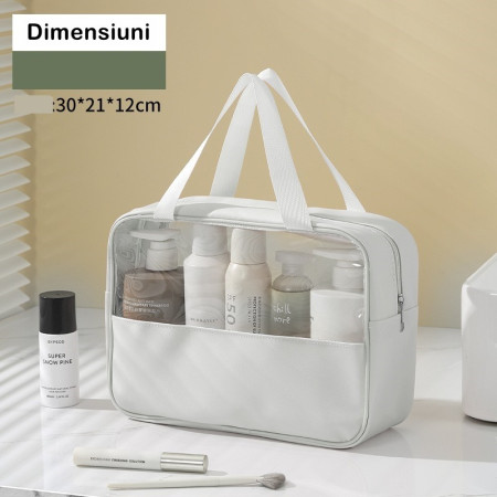 Geantă Cosmetice Voiaj, PVC/Textil, Impermeabilă, Portabilă, Albă, 30x12x21 cm