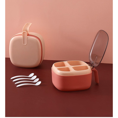 Set Recipient Condimente cu 4 Compartimente și Lingurițe, Capac cu Mâner, Ideal pentru Sare, Piper, Cimbru și Mixuri, 14x14x8 cm, Roz