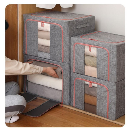Cutie de Depozitare Pliabilă, 100L, Textil, Cadru Metalic, Bază Stabilă, Fermoar, Două Ferestre de Vizualizare, 60x42x40 cm, Gri