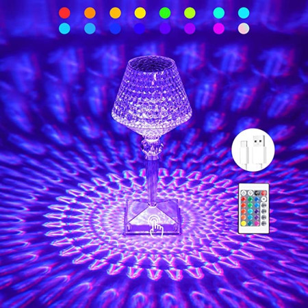 Lampa de birou pe LED RGB 16, Flippy, dimmer tactil, 3 nivele de intensitate, incarcare USB, 3W, Cristal Acrilic, cu telecomanda, forma pahar, transparent
