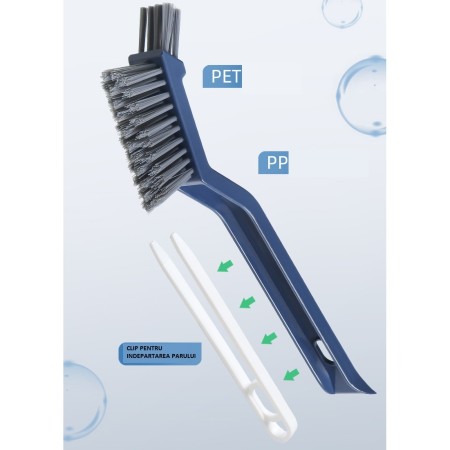 Perie 3in1 de Curatat Podele si Rosturi, Flippy, Lungime Maner 28 cm, Peri din PP, Otel si Plastic, Cleste pentru Scame si Par Inclus, Albastru