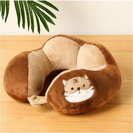 Pernă de Călătorie Ergonomică pentru Gât și Cap, Umplutură Moale din Bumbac, Design Confortabil, Model Brodat Pisică, 28x28x10 cm, Maro