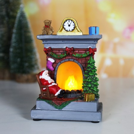 Decoratiune de Craciun tip Semineu, Flippy, Semineu Decorativ cu Foc din Rasina, Model Semineu cu Mos Craciun, Flacara Iluminare LED, 13.5 x 9 x 6 cm, Gri Rosu