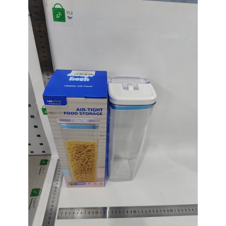 Cutie de Depozitare Alimente, Flippy, tip Container, 1.9L, 10x10x30.5 cm, Recipiente pentru Cereale in Bucatarie,  Transparente cu Capac Alb-Albastru