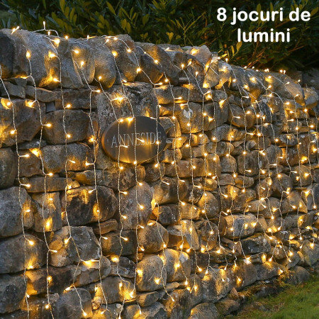 Instalatie Craciun Tip Perdea, 8 Jocuri de Lumini, Interconectabila, 2 m x 2 m, 240 LED-uri, Prelungitor 1.5 m, Fir transparent, Alb Cald
