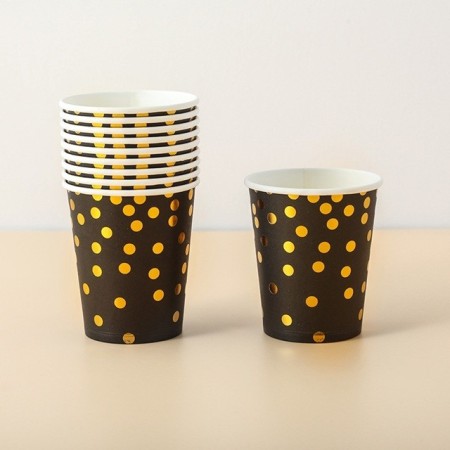 Set 10 Pahare, Flippy, Imprimeu cu Buline, din Carton, 250 ml, 7 x 8.5 x 5 cm, Negru/Auriu