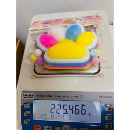 Jucarie Antistres Squishy, Flippy, cu Revenire Lenta, Model Labuta de Pisica Pufoasa, 220g, 12.5 x 10.5 cm Squeeze Pinch Family, Ambalaj Transparent, Galben-Multicolor