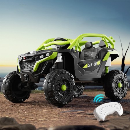 Masina Electrica pentru Copii, Flippy, Tip Buggy/UTV Off-Road Dual Drive, Conectare Bluetooth, Telecomanda, Lumina Intermitenta si Muzica, Baterie 380*2, 6V 7Ah, 97 x 62 x 58 cm, Verde Negru