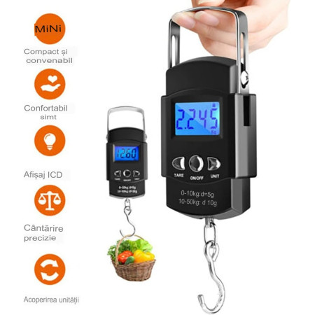 Cantar Digital de Mana, Capacitate 50 kg, Metru Incorporat, 20.5 x 6 x 2.5 cm, Negru