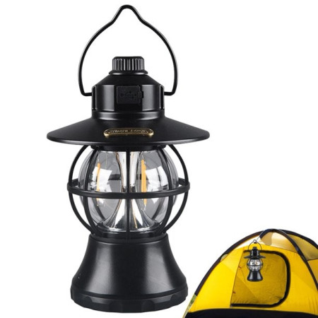 Lampă Camping Retro Portabilă Neagră, Felinar LED Vintage, 1200mAh, Reîncărcabilă, 3 Moduri Iluminare, Intensitate Reglabilă, 20 cm, Cârlig Agățare