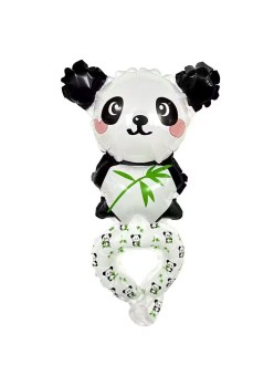 Balon din Folie Metalizata, Flippy, Figurine Animalute, Tip Bratara, Model Panda, Ambalaj Individual, Pai Inclus, Umflare cu Aer sau Heliu, Alb-Negru
