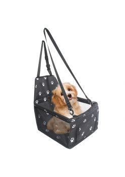 Suport pentru Animalele de Companie, Flippy, pentru Masina, cu Prindere de Scaun si Centura de Siguranta, Negru cu Imprimeu, 40x32x42cm