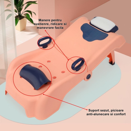Suport Pliabil pentru Spalat Parul Flippy, Pentru Copii, 0 - 16 ani, cu Picioare Antialunecare, Material Polipropilena, Suport Cap Reglabil, cu Manere, 82 x 40 x 28 cm, Roz pal