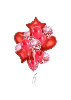 Set 14 Baloane din Folie Metalizată si din Latex, Flippy, Figurine Stea si Inima 45 cm, Baloane Latex 30 cm, Tema Buchet, Ambalaj Individual, Pai Inclus, Umflare cu Aer sau Heliu, Rosu
