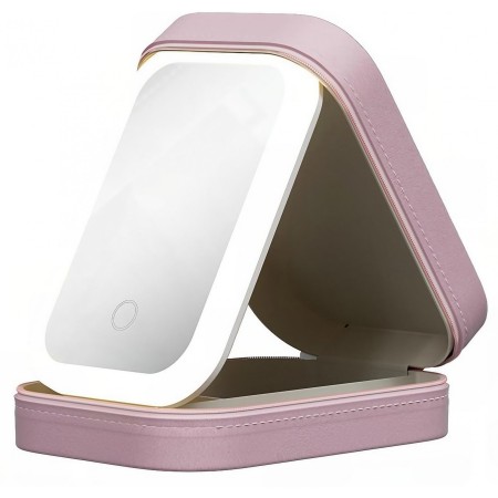 Portfard Cosmetice cu Oglindă LED, 3 Modele de Lumină, Încărcare USB, Baterie 1200 mAh, Compartimentat, Imitație Piele, Roz, 16.5x11.5x6 cm