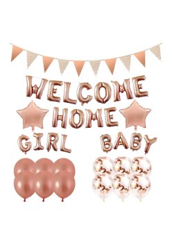 Set baloane folie si latex, Flippy, WELCOME HOME, 16 piese, 12 baloane latex, 2 baloane folie, 1 set Welcome Home Baby Girl,1 Banner, Rose gold