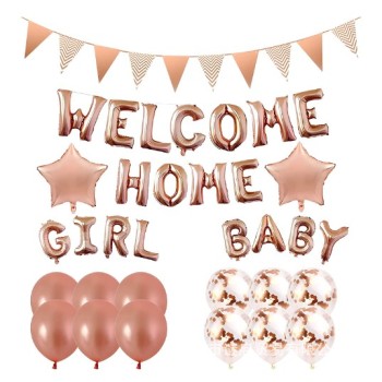 Set baloane folie si latex, Flippy, WELCOME HOME, 16 piese, 12 baloane latex, 2 baloane folie, 1 set Welcome Home Baby Girl,1 Banner, Rose gold