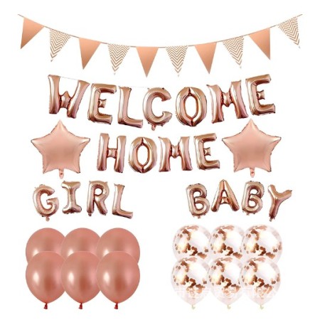 Set baloane folie si latex, Flippy, WELCOME HOME, 16 piese, 12 baloane latex, 2 baloane folie, 1 set Welcome Home Baby Girl,1 Banner, Rose gold