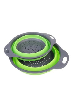 Set 2 strecuratori pliabile din silicon alimentar Flippy, cu manere, fund antiaderent si antialunecare, rotunda, doua dimensiuni, usor de depozitat, compatibil cu masina de spalat vase, verde