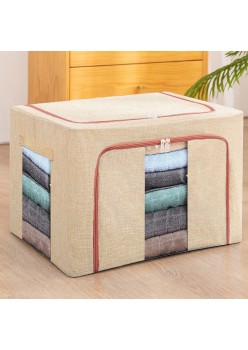 Cutie de Depozitare Pliabilă, 66L, Bumbac & In, 50x40x33 cm, 2 Ferestre (Frontală & Laterală), 2 Uși cu Fermoar, Cadru Metalic, Bază Stabilă, Bej