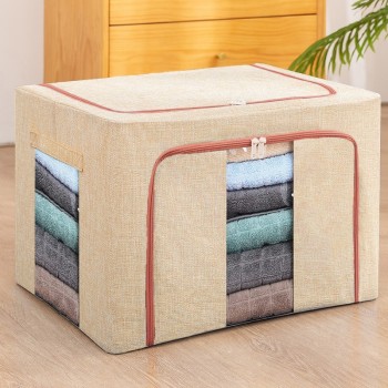 Cutie de Depozitare Pliabilă, 66L, Bumbac & In, 50x40x33 cm, 2 Ferestre (Frontală & Laterală), 2 Uși cu Fermoar, Cadru Metalic, Bază Stabilă, Bej