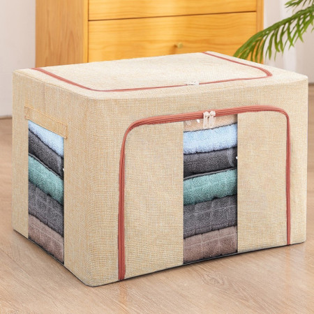 Cutie de Depozitare Pliabilă, 66L, Bumbac & In, 50x40x33 cm, 2 Ferestre (Frontală & Laterală), 2 Uși cu Fermoar, Cadru Metalic, Bază Stabilă, Bej