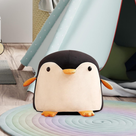 Taburet pentru Copii, Cadru din Lemn Masiv, Pernă Elastică din Burete, Design Ergonomic cu Mâner, Model Pinguin, 25 x 29 x 29 cm, Negru