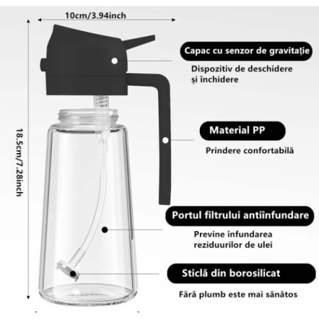 Recipient Ulei, Flippy, 2in1, Functie Spray/Turnare, din Sticla, 470 ml, Fara Scurgere, Negru