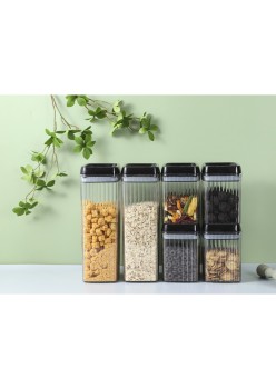 Cutii de Depozitare Alimente, Flippy, Set din 6 Cutii de tip Container, Recipiente pentru Cereale in Bucatarie, Diferite marimi, Transparente cu Capac Negru