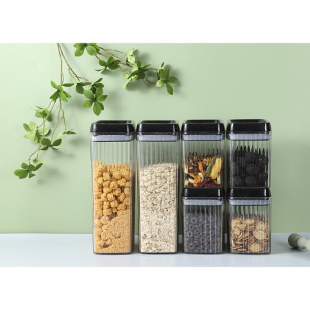 Cutii de Depozitare Alimente, Flippy, Set din 6 Cutii de tip Container, Recipiente pentru Cereale in Bucatarie, Diferite marimi, Transparente cu Capac Negru
