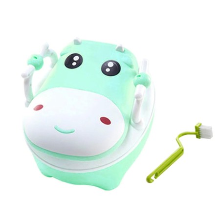 Olita pentru Copii, Flippy, +1an, Portabila, Design Vacuta cu Capac, Model Prietenos, Non-Toxic, cu Manere, Compartiment Detasabil, Perie Inclusa, Usor de Curatat, Verde