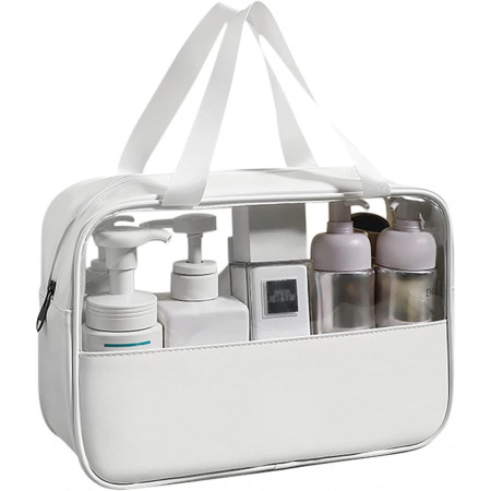 Geanta cosmetice, pentru voiaj sau organizare, material PVC/textil, impermeabila, portabila, 26 x 15 x 10 cm, alb
