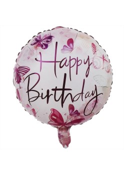 Balon din Folie Metalizata, Flippy, Mini Figurina Rotunda, Model Happy Birthday Fluturasi, Tema Aniversare, 45 cm, Ambalaj Individual, Pai inclus, Umflare cu Aer sau Heliu, Roz
