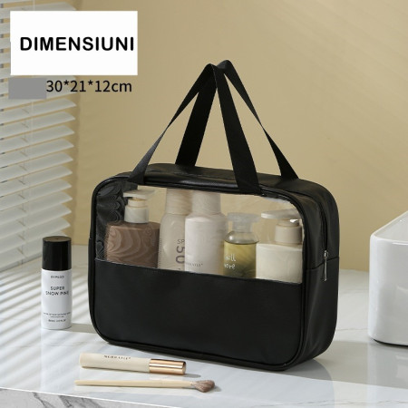Geantă Cosmetice Voiaj, PVC/Textil, Impermeabilă, Portabilă, Neagră, 30x21x12 cm