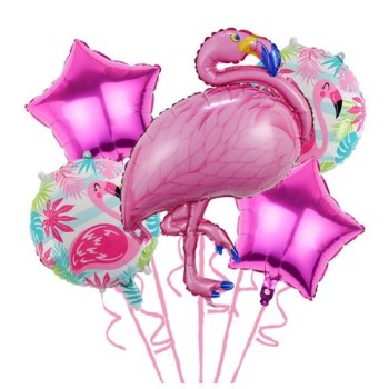 Set Baloane party aniversare, Flippy, din Folie de aluminiu si Latex, set din 5 baloane Flamigo Party cu 2 stele, 2 baloane rotunde, 60 -90 cm, Roz