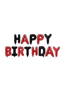 Set Baloane din Folie Metalizata, Flippy, Model Happy Birthday, Litere de 40 cm, Baloane Party, Ambalaj Individual, Pai, Ata si Adeziv Incluse, Umflare cu Aer sau Heliu, Rosu-Negru
