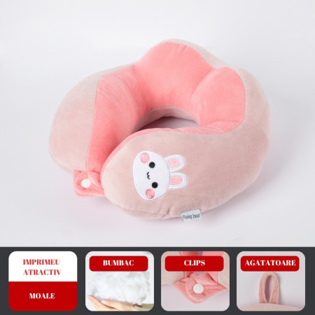 Pernă de Călătorie Ergonomică pentru Gât și Cap, Bumbac Moale, Suport Confortabil, Model Brodat Iepure, 28x28x10 cm, Roz
