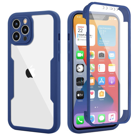 Husa Max Defence pentru Samsung Galaxy A03, Bumper Albastru, Fata Dubla Transparenta, Protectie Antisoc Full 360 ( fata, spate, margini ), Flippy