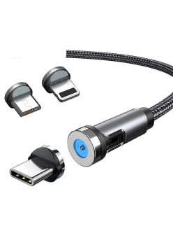 Cablu de incarcare magnetic 3 in 1 360 grade + 180 grade, 1 m, micro, type C, iPhone,  5 V, 2.1 A, Negru