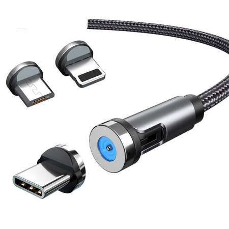Cablu de incarcare magnetic 3 in 1 360 grade + 180 grade, 1 m, micro, type C, iPhone,  5 V, 2.1 A, Negru