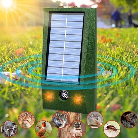 Repelent Solar cu Ultrasunete, LED Alb/Roșu, Anti Rozătoare și Insecte, 9–36.5 kHz, IP66, Verde, 12x6.5 cm