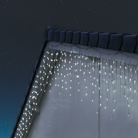 Instalatie Craciun Tip Franjuri/Turturi, 8 Jocuri de Lumini, Interconectabila, 12 m, 300 LED-uri, Prelungitor 1.5 m, Fir transparent, Alb Rece