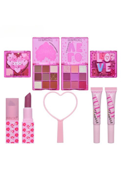 Set de Machiaj, KEVIN & COCO, 22 Culori, Model Lalele, 2 Palete de Farduri, 2 Lip Gloss-uri, 2 Lip Stick-uri, 1 Oglinda Inimioara, 15.7 x 21 x 4 cm, Multicolor