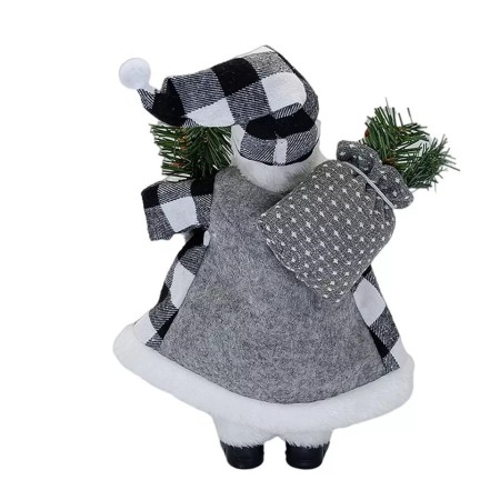 Figurina Decorativa Craciun, Flippy, Mos Craciun cu Crenguta de Brad, 30 x 10 x 17 cm, Material Plastic+Textil, Interior/Exterior, Alb/Gri