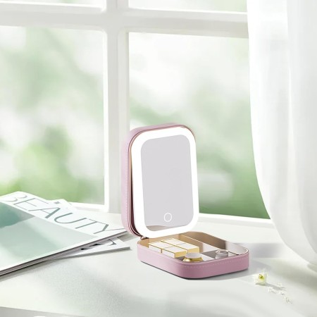 Portfard Cosmetice cu Oglindă LED, 3 Modele de Lumină, Încărcare USB, Baterie 1200 mAh, Compartimentat, Imitație Piele, Roz, 16.5x11.5x6 cm